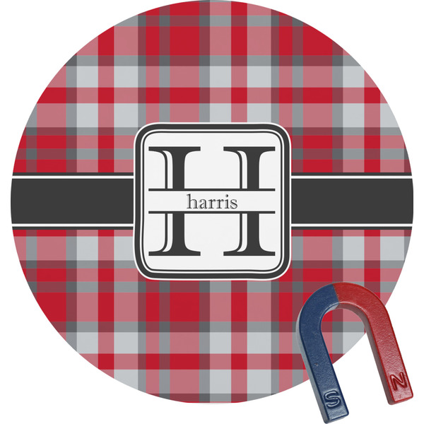 Custom Red & Gray Plaid Round Fridge Magnet (Personalized)