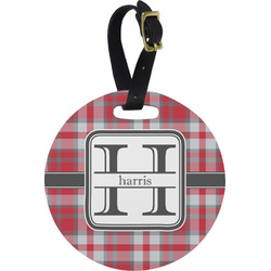 Red & Gray Plaid Plastic Luggage Tag - Round (Personalized)