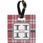 Red & Gray Plaid Plastic Luggage Tag - Square w/ Name and Initial