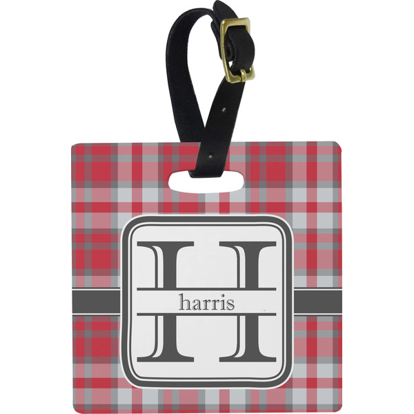 Custom Red & Gray Plaid Plastic Luggage Tag - Square w/ Name and Initial