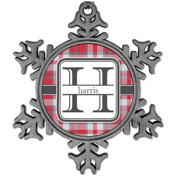 Custom Red & Gray Plaid Vintage Snowflake Ornament (Personalized)