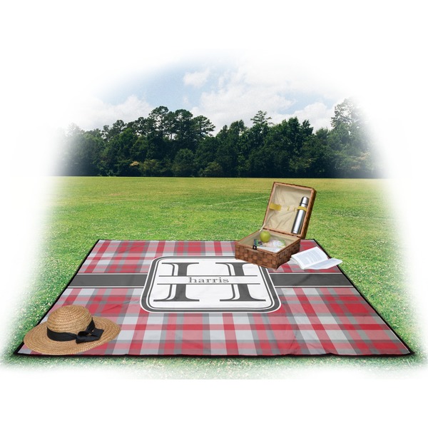 Red & Gray Plaid Picnic Blanket - with Basket Hat and Book - in Use
