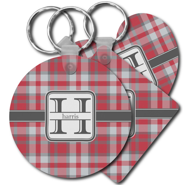 Custom Red & Gray Plaid Plastic Keychain (Personalized)
