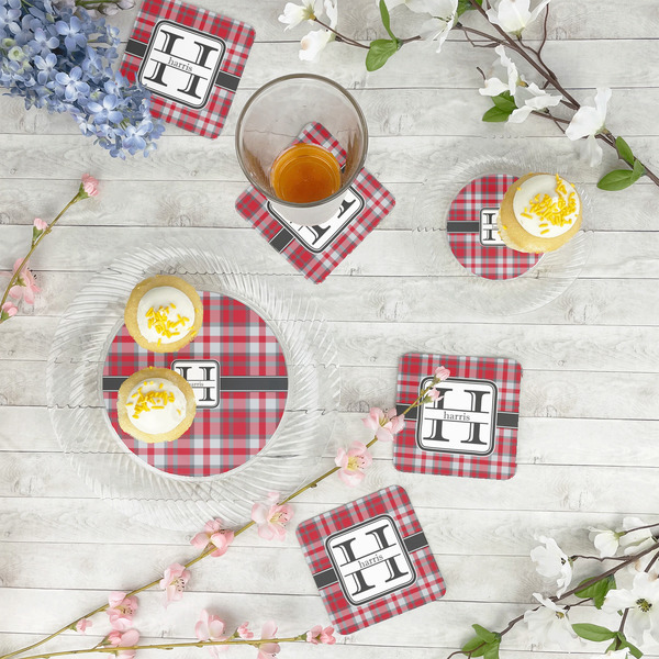 Red & Gray Plaid Plastic Party Dinner Plates - In Context