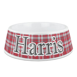 Red & Gray Plaid Plastic Dog Bowl (Personalized)