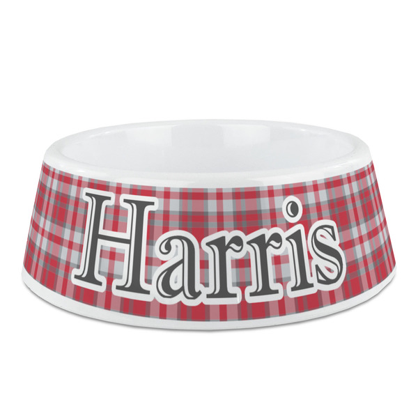 Custom Red & Gray Plaid Plastic Dog Bowl - Medium (Personalized)