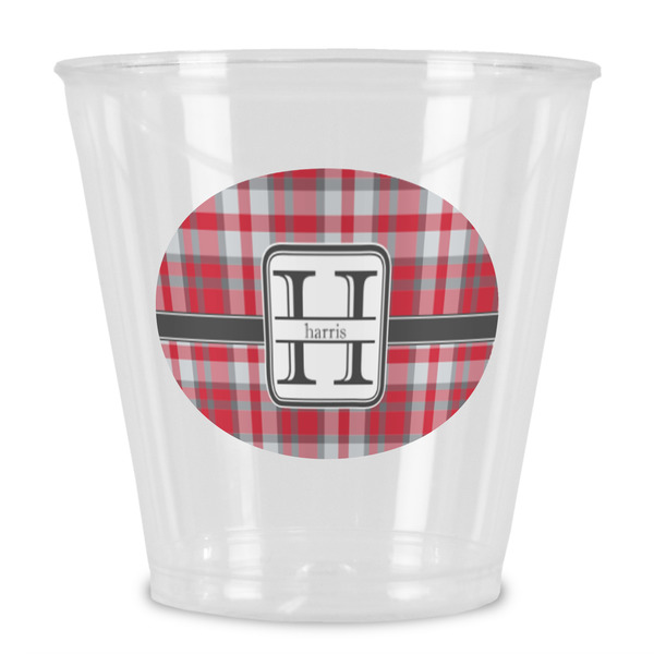 Custom Red & Gray Plaid Plastic Shot Glass (Personalized)