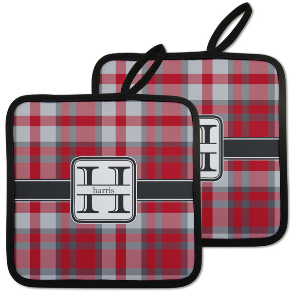 Custom Red & Gray Plaid Pot Holders - Set of 2 w/ Name and Initial