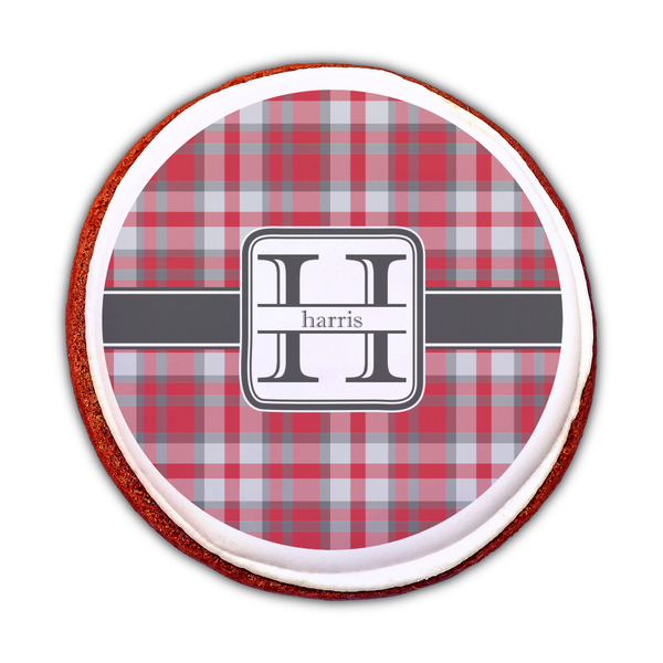 Red & Gray Plaid Printed Icing Circle - Medium - On Cookie