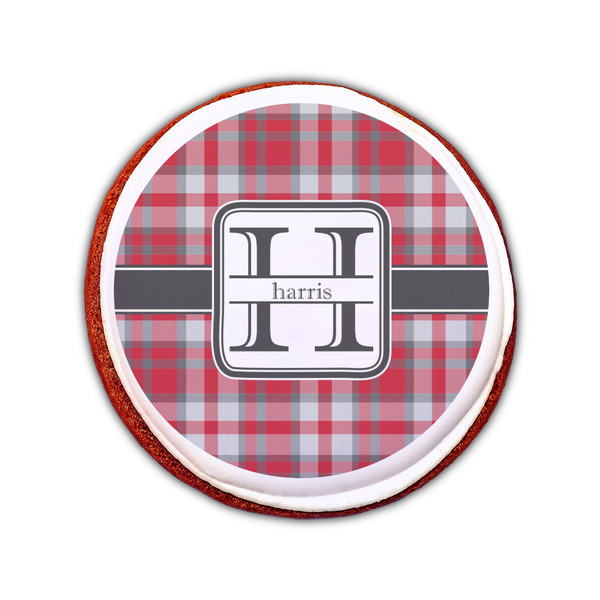 Red & Gray Plaid Printed Icing Circle - Small - On Cookie