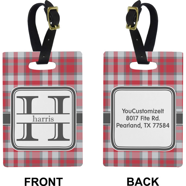 Red & Gray Plaid Rectangle Luggage Tag (Front + Back)