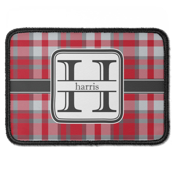 Custom Red & Gray Plaid Iron On Rectangle Patch w/ Name and Initial