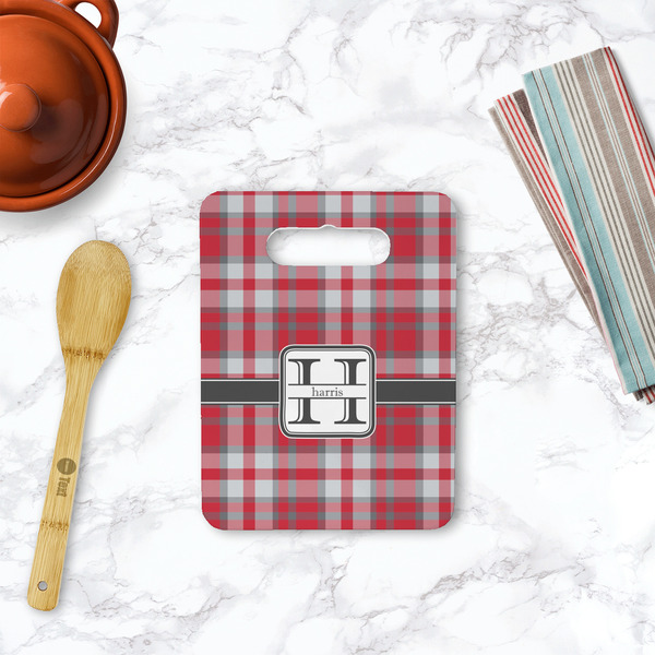 Red & Gray Plaid Rectangle Trivet with Handle - LIFESTYLE