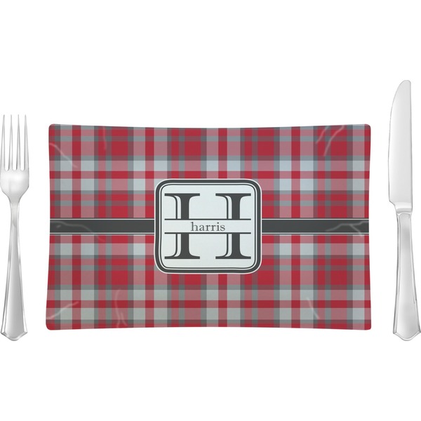 Custom Red & Gray Plaid Rectangular Glass Lunch / Dinner Plate - Single or Set (Personalized)