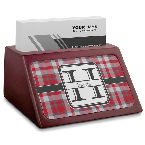 Custom Red & Gray Plaid Red Mahogany Business Card Holder (Personalized)
