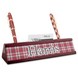 Red & Gray Plaid Red Mahogany Nameplate with Business Card Holder (Personalized)
