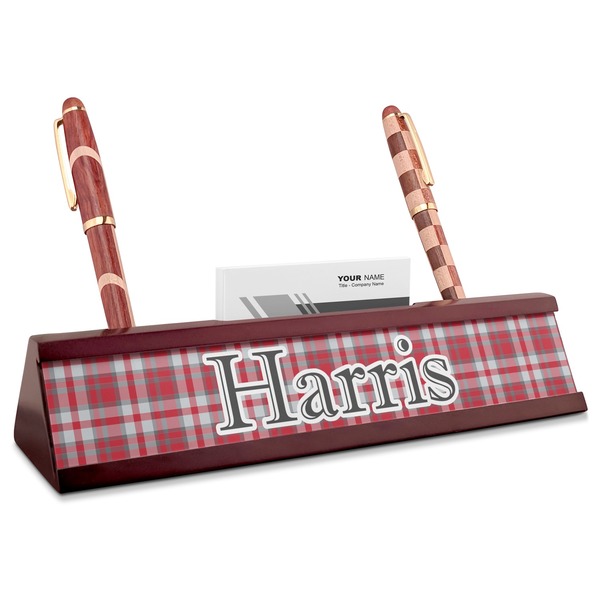 Custom Red & Gray Plaid Red Mahogany Nameplate with Business Card Holder (Personalized)