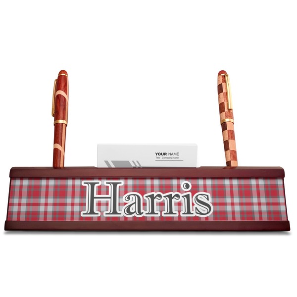 Red & Gray Plaid Red Mahogany Nameplates with Business Card Holder - Straight