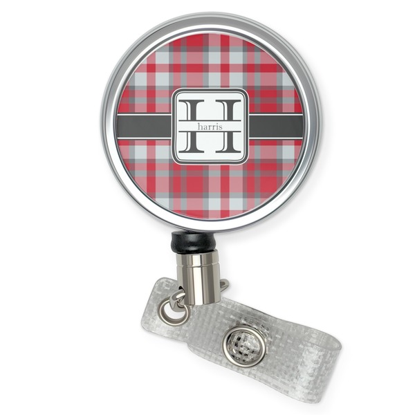 Custom Red & Gray Plaid Retractable Badge Reel (Personalized)