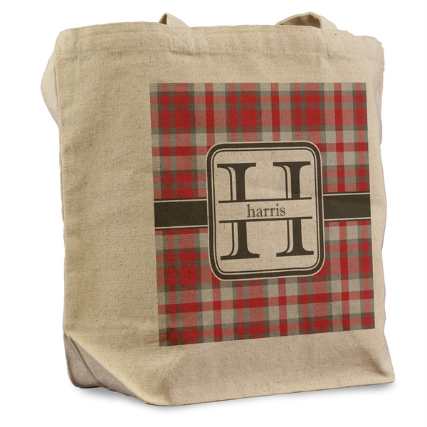 Custom Red & Gray Plaid Reusable Cotton Grocery Bag (Personalized)