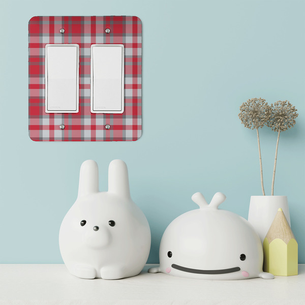 Red & Gray Plaid Rocker Light Switch Covers - Double - IN CONTEXT