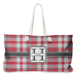 Red & Gray Plaid Large Tote Bag with Rope Handles (Personalized)