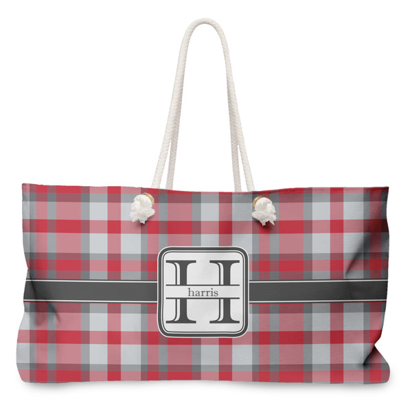 Custom Red & Gray Plaid Large Tote Bag with Rope Handles (Personalized)