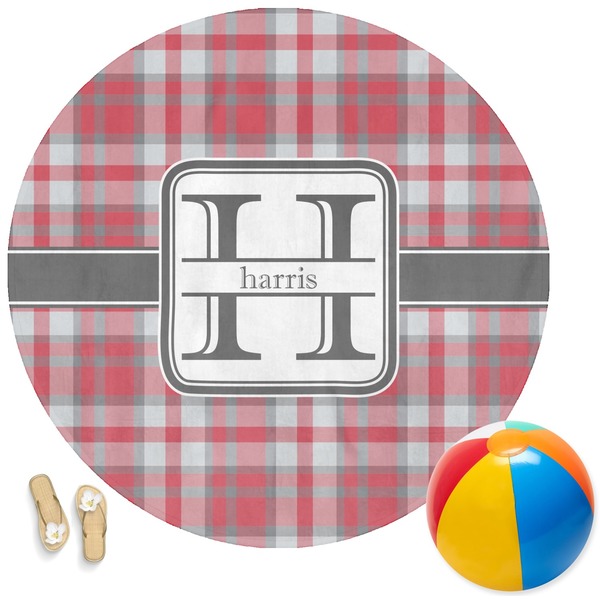 Custom Red & Gray Plaid Round Beach Towel (Personalized)