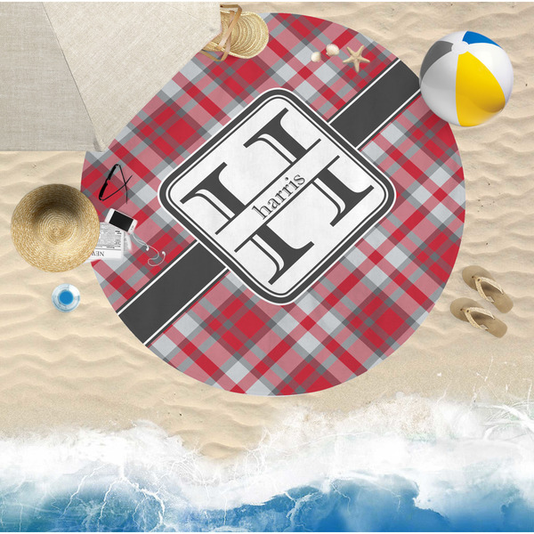 Red & Gray Plaid Round Beach Towel Lifestyle
