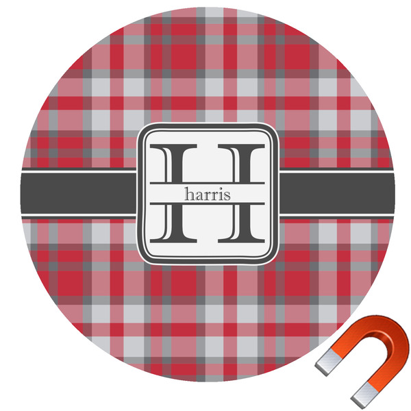 Custom Red & Gray Plaid Round Car Magnet - 10" (Personalized)