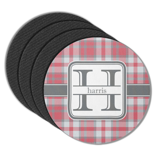 Custom Red & Gray Plaid Round Rubber Backed Coasters - Set of 4 (Personalized)