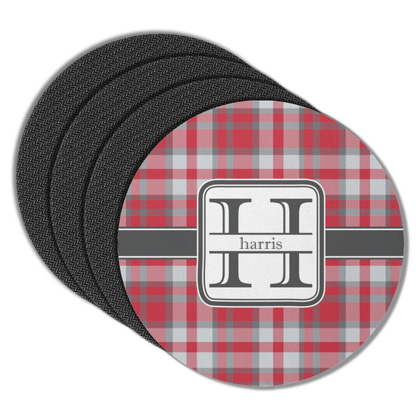Red & Gray Plaid Round Coaster Rubber Back - Main