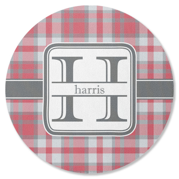 Custom Red & Gray Plaid Round Rubber Backed Coaster (Personalized)