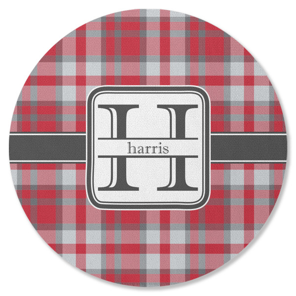 Custom Red & Gray Plaid Round Rubber Backed Coaster (Personalized)