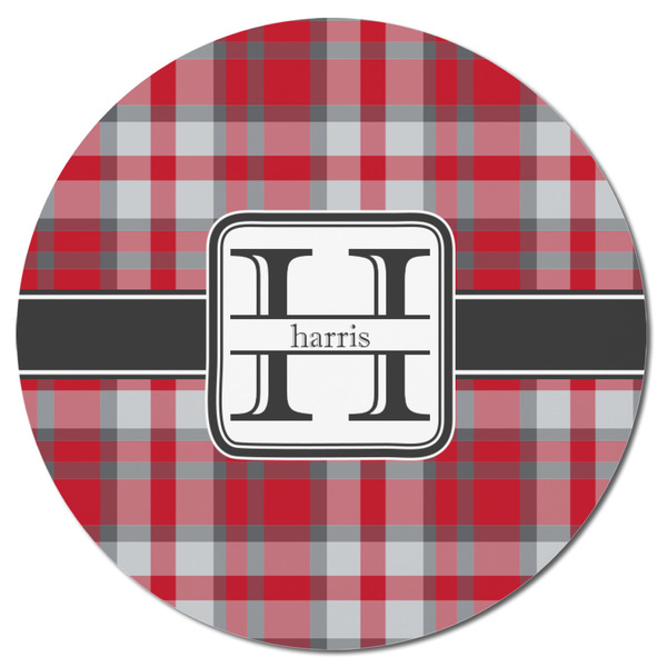 Red & Gray Plaid Round Fridge Magnet - FRONT