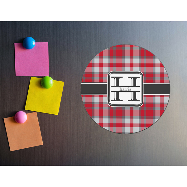Red & Gray Plaid Round Fridge Magnet - LIFESTYLE
