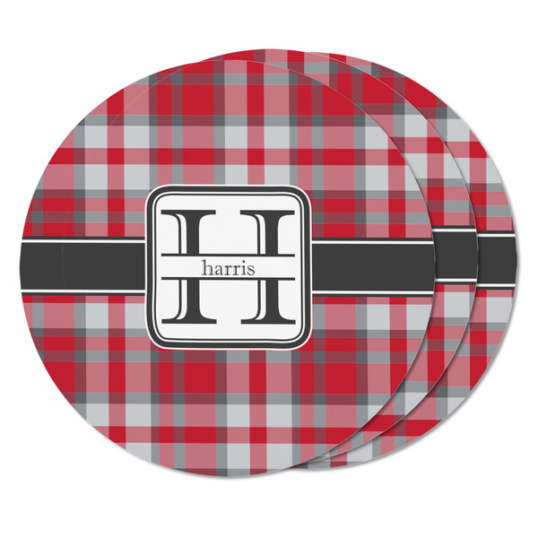 Red & Gray Plaid Round Fridge Magnet - THREE