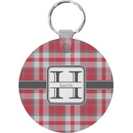 Red & Gray Plaid Round Plastic Keychain (Personalized)