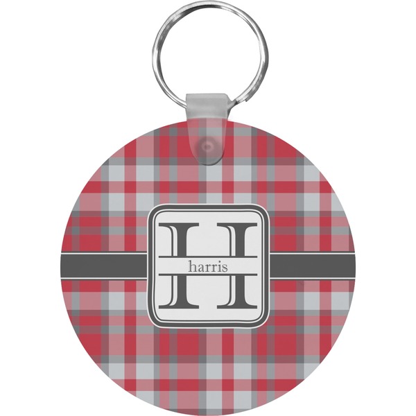 Custom Red & Gray Plaid Round Plastic Keychain (Personalized)
