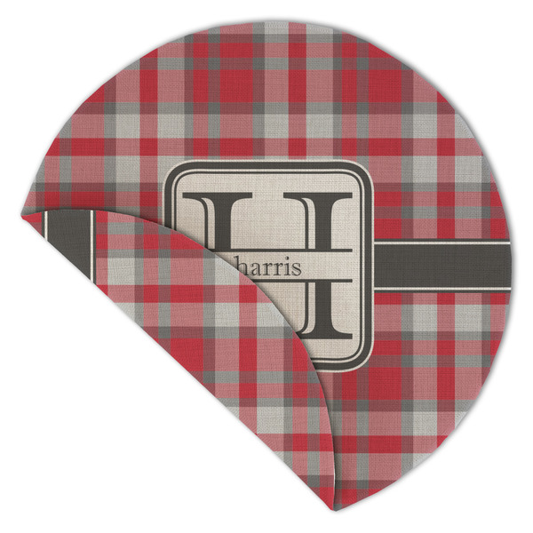 Red & Gray Plaid Round Linen Placemats - Front (folded corner double sided)