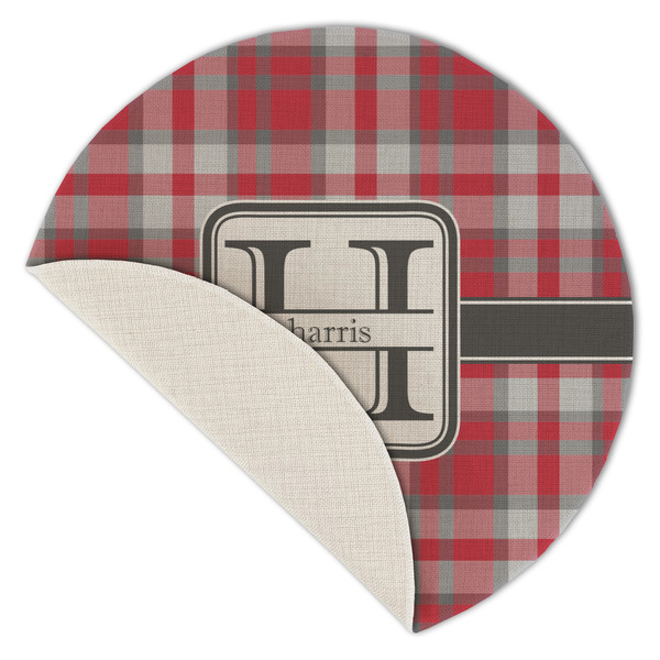 Red & Gray Plaid Round Linen Placemats - Front (folded corner single sided)