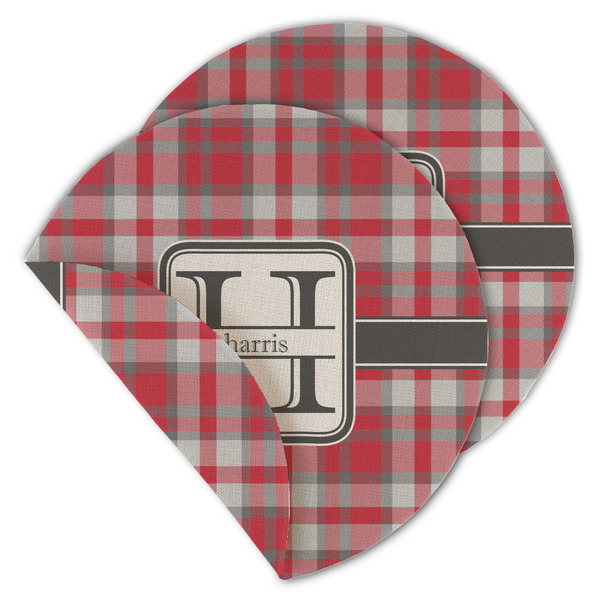 Custom Red & Gray Plaid Round Linen Placemat - Double Sided (Personalized)