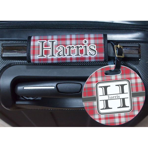 Red & Gray Plaid Round Luggage Tag & Handle Wrap - In Context