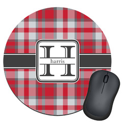 Red & Gray Plaid Round Mouse Pad (Personalized)