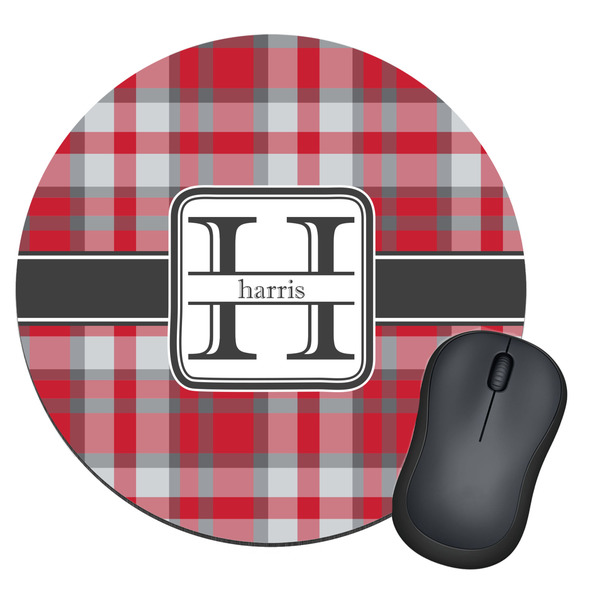 Custom Red & Gray Plaid Round Mouse Pad (Personalized)
