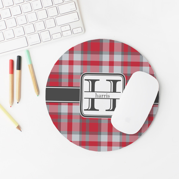 Red & Gray Plaid Round Mousepad - LIFESTYLE 2