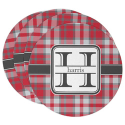 Red & Gray Plaid Round Paper Coasters w/ Name and Initial
