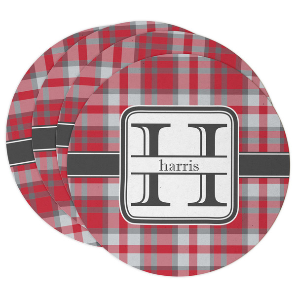 Custom Red & Gray Plaid Round Paper Coasters w/ Name and Initial