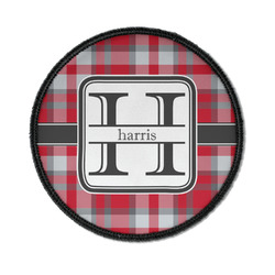 Red & Gray Plaid Iron On Round Patch w/ Name and Initial