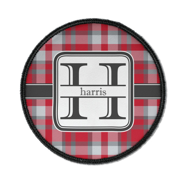 Custom Red & Gray Plaid Iron On Round Patch w/ Name and Initial